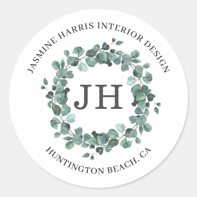 Elegant Eucalyptus Wreath Greenerenery Monogram Runder Aufkleber (Vorderseite)