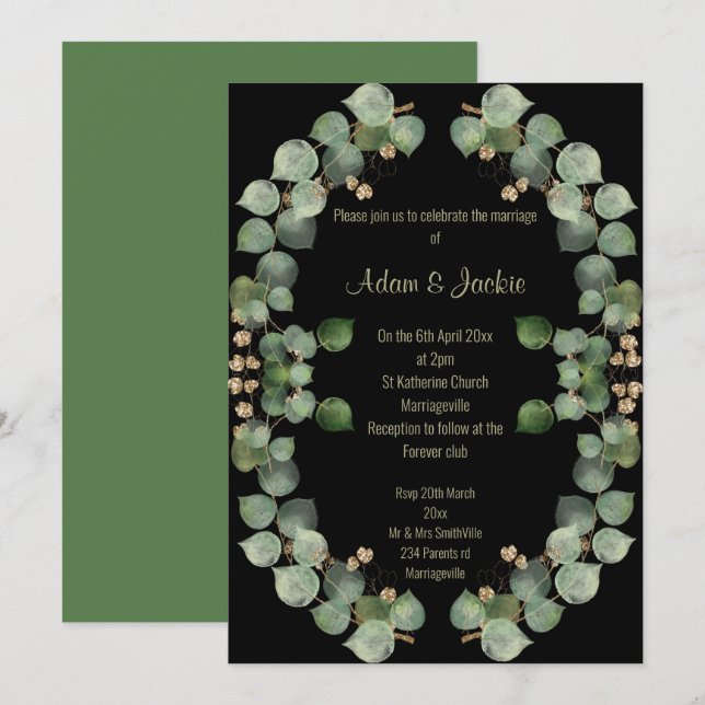Elegant Eucalyptus Wreath Wedding Black Einladung (Vorne/Hinten)