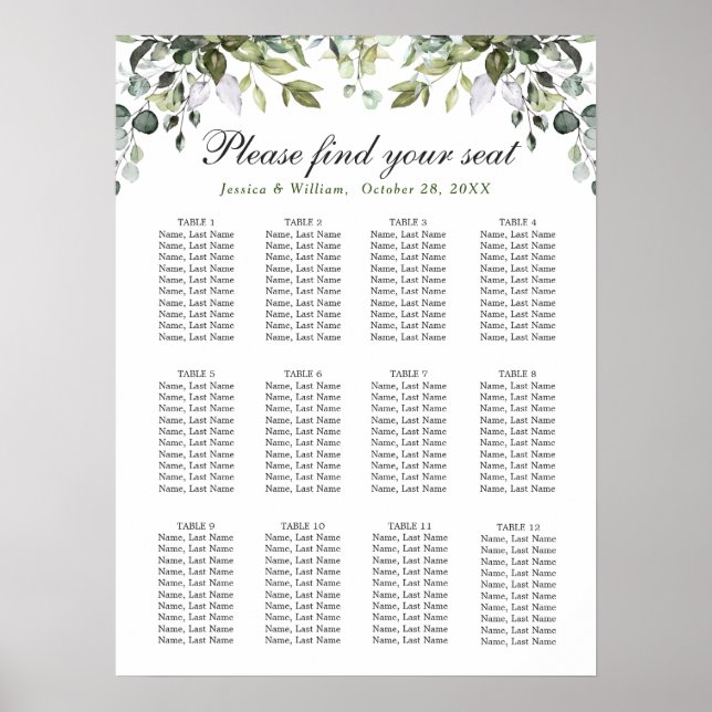 Elegant Eukalyptus 12 Tische Hochzeitssaison CHART Poster (Vorne)
