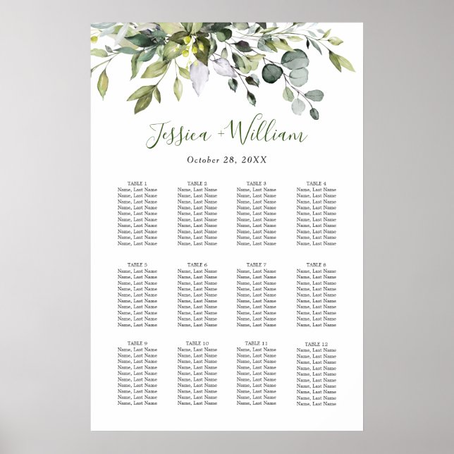 Elegant Eukalyptus 12 Tische Hochzeitssaison CHART Poster (Vorne)