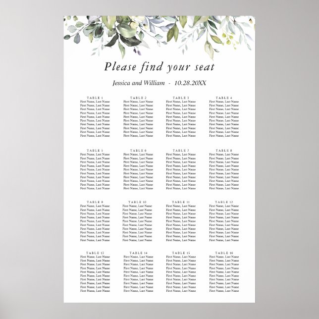 Elegant Eukalyptus 16 Tische Hochzeitssaison CHART Poster (Vorne)