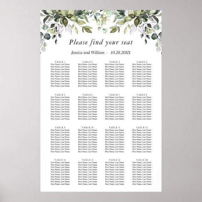 Elegant Eukalyptus 16 Tische Hochzeitssaison CHART Poster (Vorne)