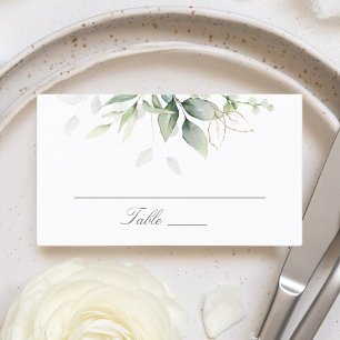 Elegant Eukalyptus Blätter Grüne Goldhochzeit Platzkarte
