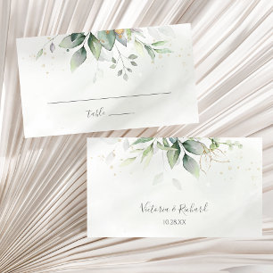 Elegant Eukalyptus Blätter Grüne Goldhochzeit Platzkarte
