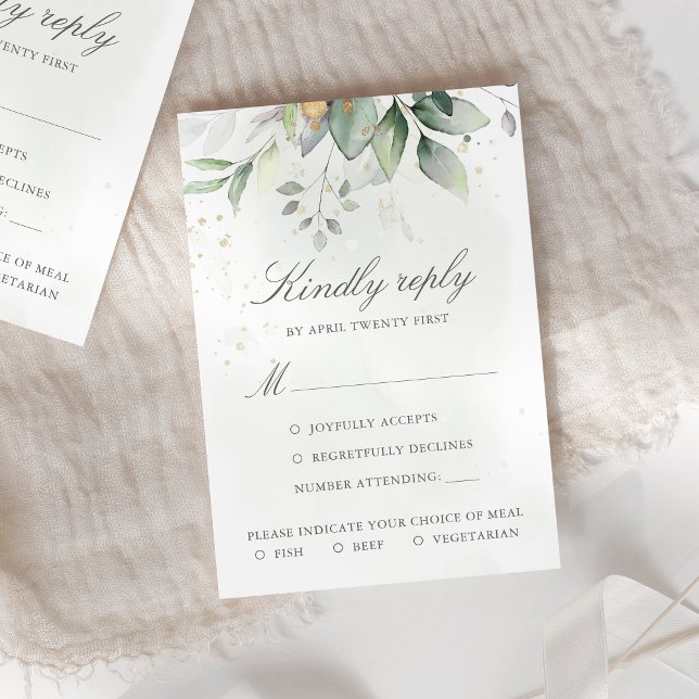 Elegant Eukalyptus Blätter Grüne Goldhochzeit RSVP Karte (Von Creator hochgeladen)