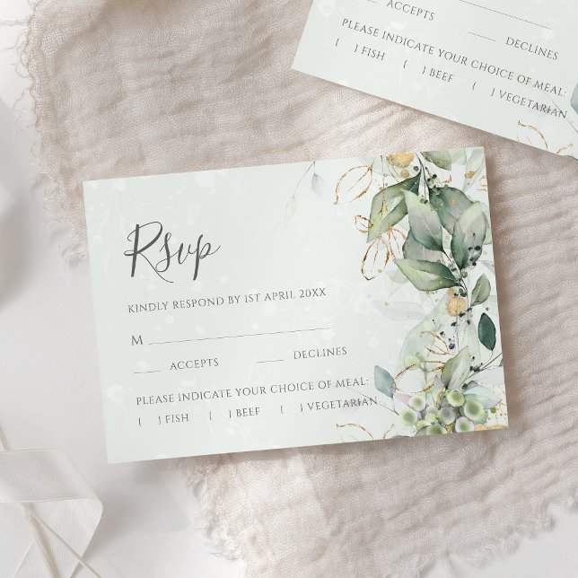 Elegant Eukalyptus Blätter Grüne Goldhochzeit RSVP Karte (Von Creator hochgeladen)