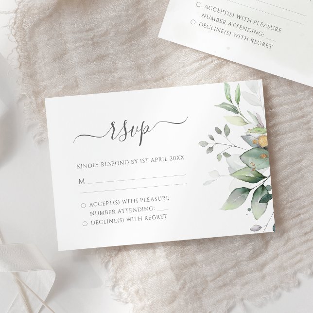 Elegant Eukalyptus Blätter Grüne Goldhochzeit RSVP Karte (Von Creator hochgeladen)