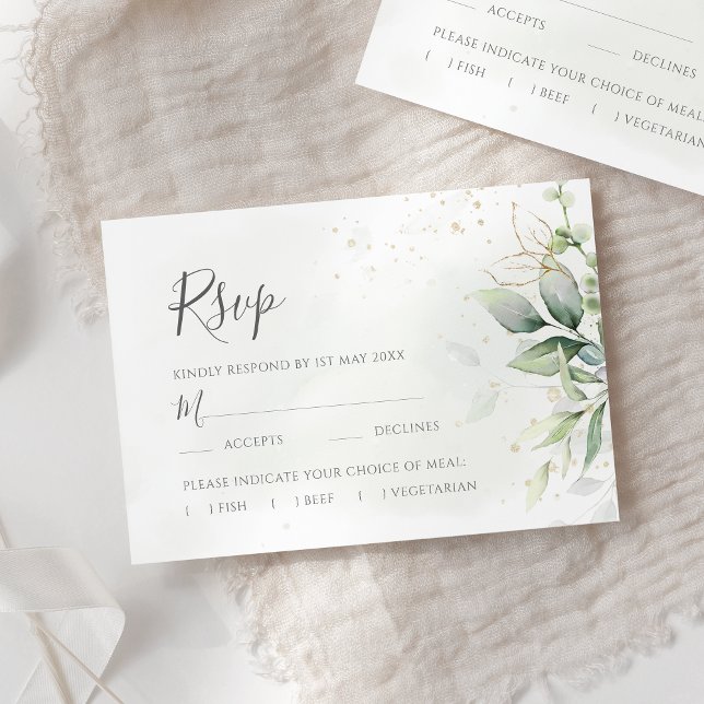 Elegant Eukalyptus Blätter Grüne Goldhochzeit RSVP Karte (Von Creator hochgeladen)