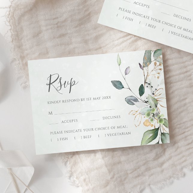 Elegant Eukalyptus Blätter Grüne Goldhochzeit RSVP Karte (Von Creator hochgeladen)