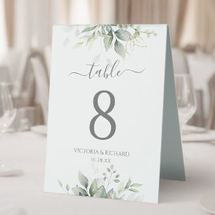 Elegant Eukalyptus Blätter Grüne Goldhochzeit Tischaufsteller