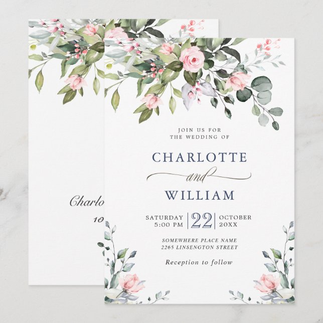 Elegant Eukalyptus Blush Rose Grüne Hochzeit Einladung (Vorne/Hinten)