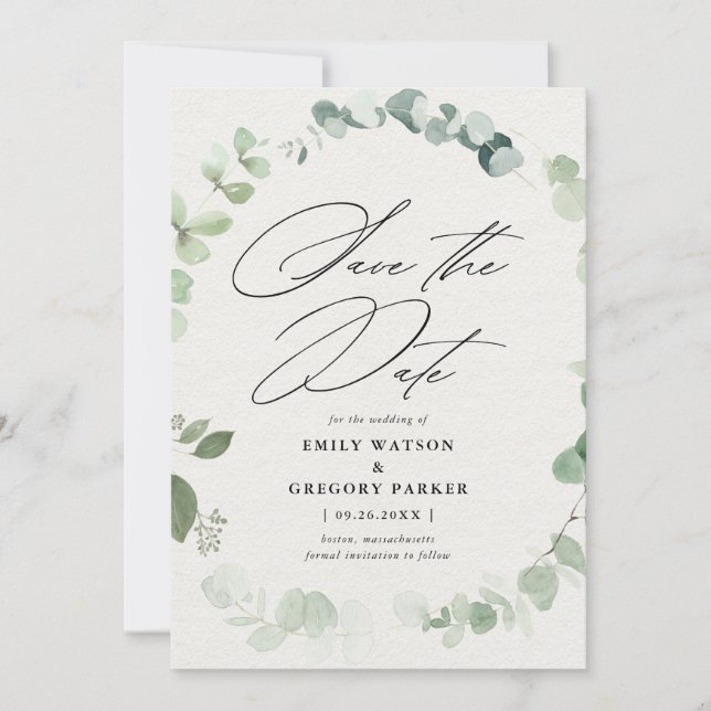 Elegant Eukalyptus Calligraphy Wedding Save The Date (Vorderseite)