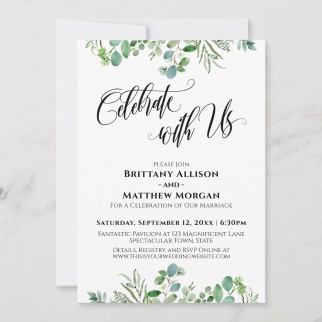 Elegant Eukalyptus Celebrate mit US Wedding Party Einladung (Vorderseite)