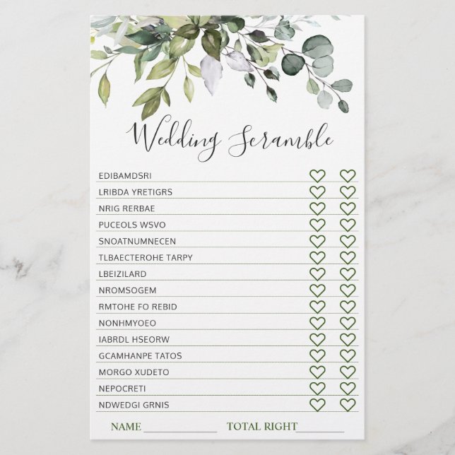 Elegant Eukalyptus Greenerity Brautparty Game (Vorderseite)