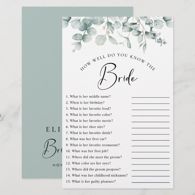 Elegant Eukalyptus Greenerity Brautparty Game (Vorne/Hinten)