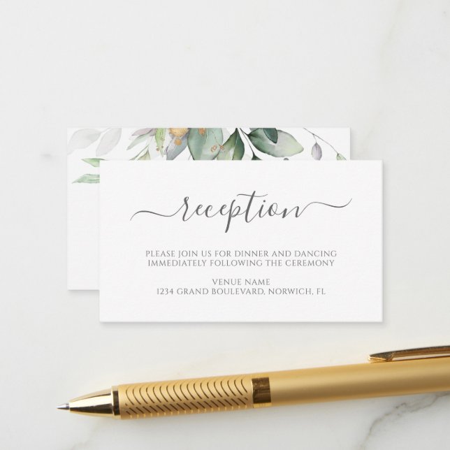 Elegant Eukalyptus Greenerity Gold Wedding Recepti Begleitkarte (Vorderseite/Rückseite Beispiel)