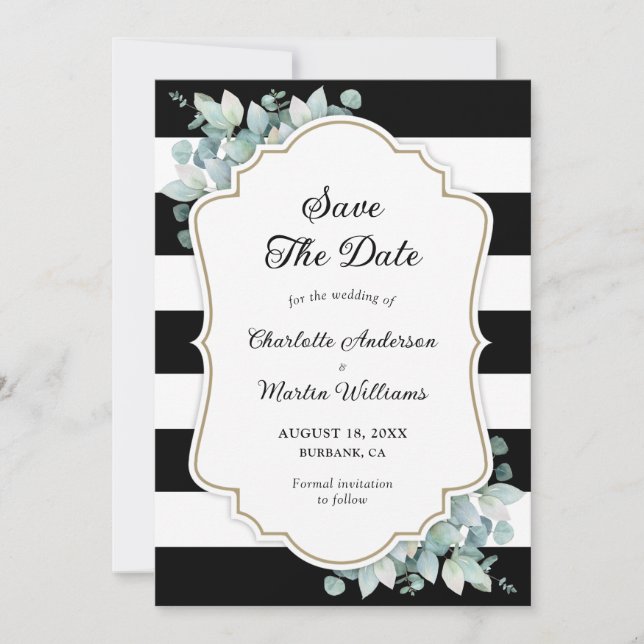 Elegant Eukalyptus Greenerity Schwarz-weiß Wedding Save The Date (Vorderseite)