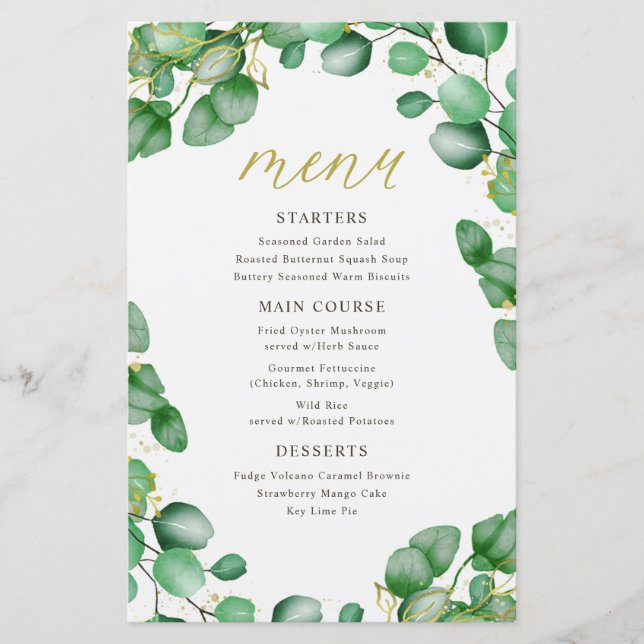 Elegant Eukalyptus Greenerity Wedding Menu (Vorderseite)