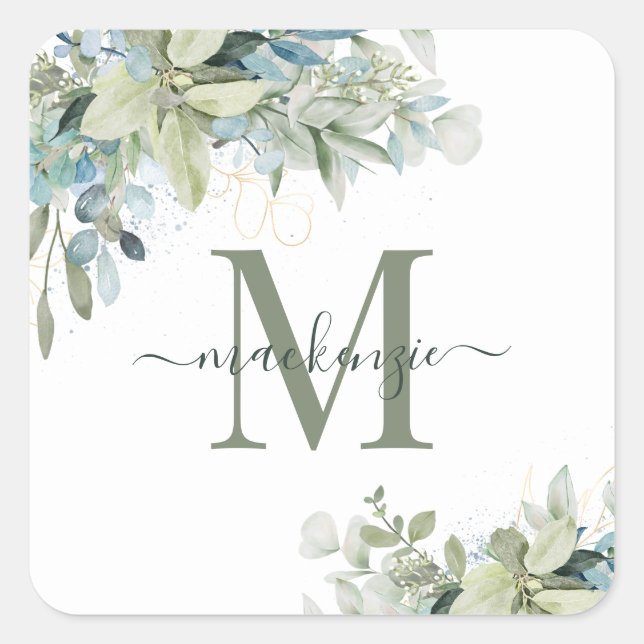 Elegant Eukalyptus Greenery Floral Monogram Quadratischer Aufkleber (Vorderseite)
