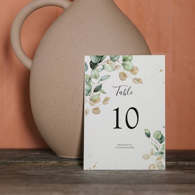 Elegant Eukalyptus Greenery & Gold Akzente Hochzei Tischnummer (Von Creator hochgeladen)