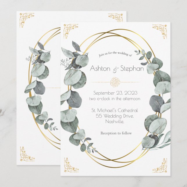 Elegant Eukalyptus Greenery Gold Wedding Einladung (Vorne/Hinten)