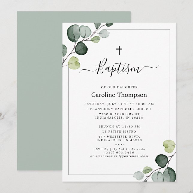 Elegant Eukalyptus Greenery Green Baptism Einladung (Vorne/Hinten)