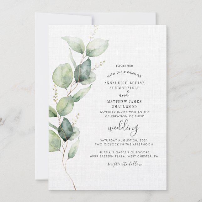 Elegant Eukalyptus Greenery Moderne Hochzeit Einladung (Vorderseite)