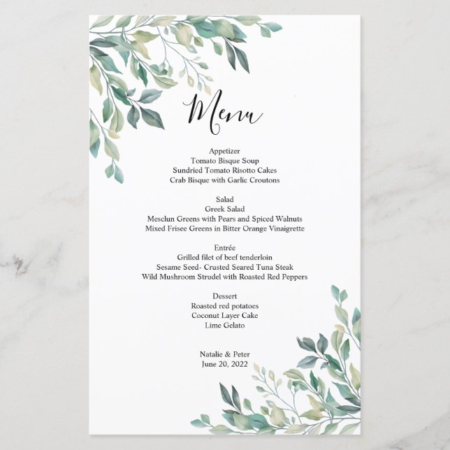 Elegant Eukalyptus Greenery Rustic Wedding Menu (Vorderseite)