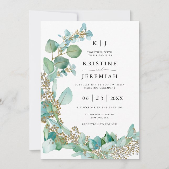 Elegant Eukalyptus Greenery Watercolor Wedding Einladung (Vorderseite)