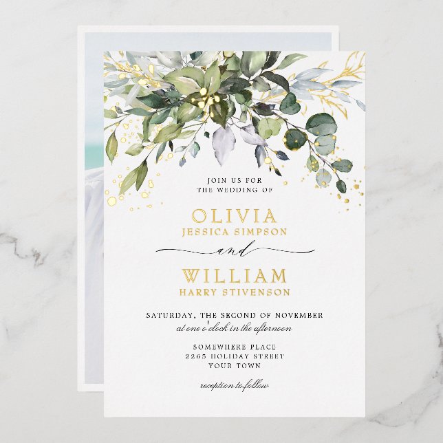 Elegant Eukalyptus Greenery Wedding Foto Gold Folieneinladung (Vorderseite/Rückseite)