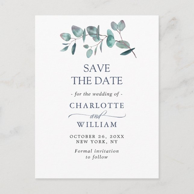 Elegant Eukalyptus Greenery Wedding Save the Date Postkarte (Vorderseite)