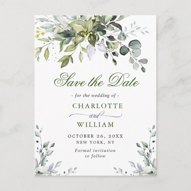 Elegant Eukalyptus Greenery Wedding Save the Date Postkarte (Vorderseite)