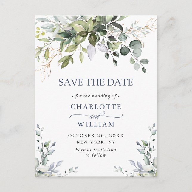 Elegant Eukalyptus Greenery Wedding Save the Date Postkarte (Vorderseite)
