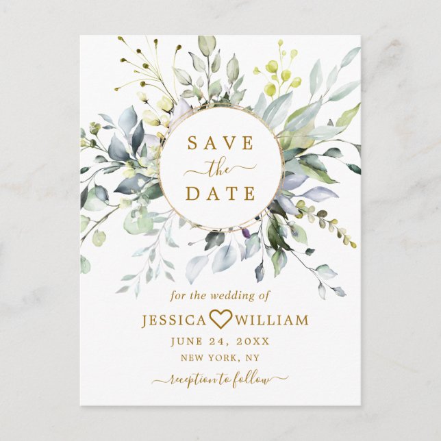 Elegant Eukalyptus Greenery Wedding Save the Date Postkarte (Vorderseite)