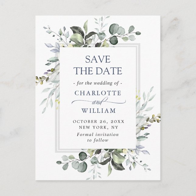 Elegant Eukalyptus Greenery Wedding Save the Date Postkarte (Vorderseite)
