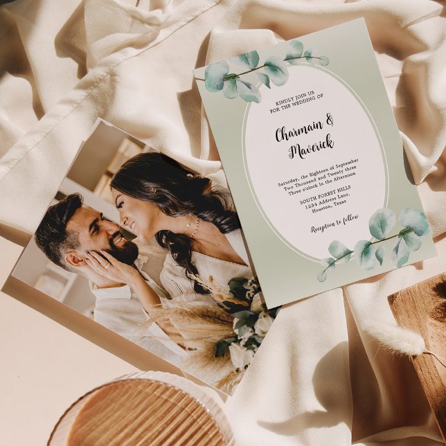 Elegant Eukalyptus leaf Greenery Foto Wedding Einladung (Von Creator hochgeladen)