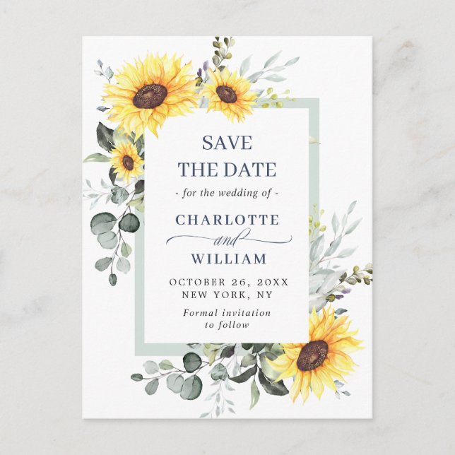 Elegant Eukalyptus Sonnenblumen Hochzeit speichern Postkarte (Vorderseite)