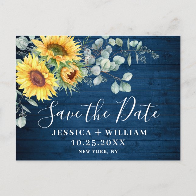 Elegant Eukalyptus Sonnenblumen Hochzeit speichern Postkarte (Vorderseite)