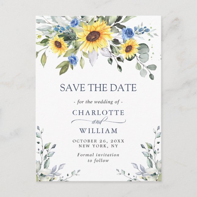 Elegant Eukalyptus Sonnenblumen Hochzeit speichern Postkarte (Vorderseite)