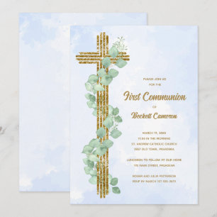 Elegant Eukalyptus und Cross Blue First Communatio Einladung
