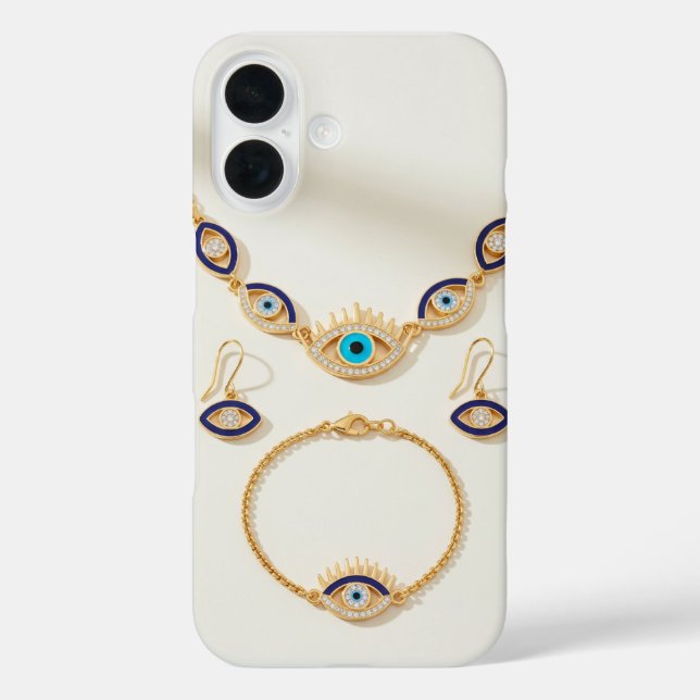 Elegant Evil Eye Jewelry Set Display iPhone 16 Hülle (Rückseite)