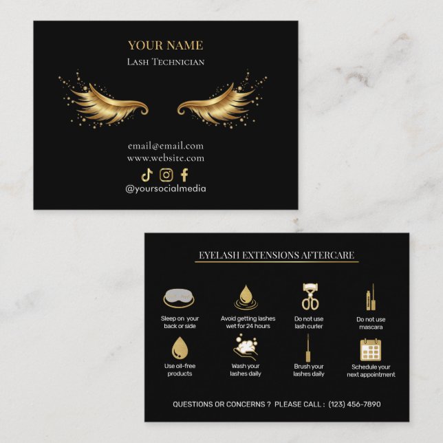 Elegant Eyelash Extensions Lash Aftercare Visitenkarte (Vorne/Hinten)