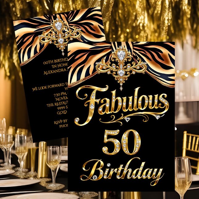 Elegant Fabulous 50 Birthday Black Gold Zebra Bow Einladung (Von Creator hochgeladen)