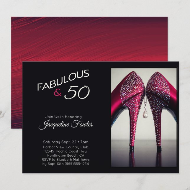 Elegant Fabulous 50 High Heels Red Glam Sparkle Einladung (Vorne/Hinten)