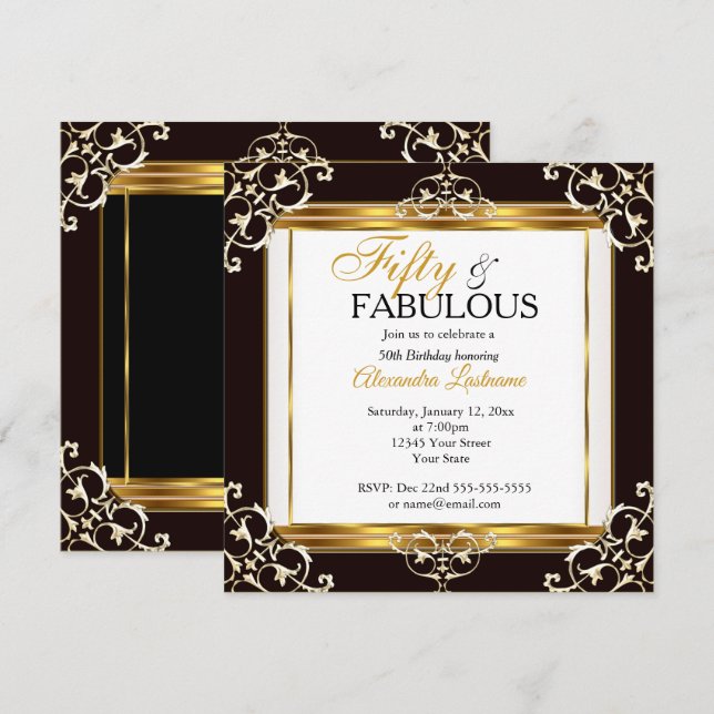 Elegant Fabulous Gold Schwarz-weiß 50. Geburtstag Einladung (Vorne/Hinten)