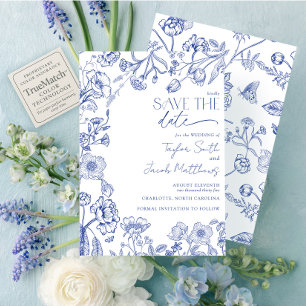 Élégant Faire-part bleu et blanc de chinoiserie po