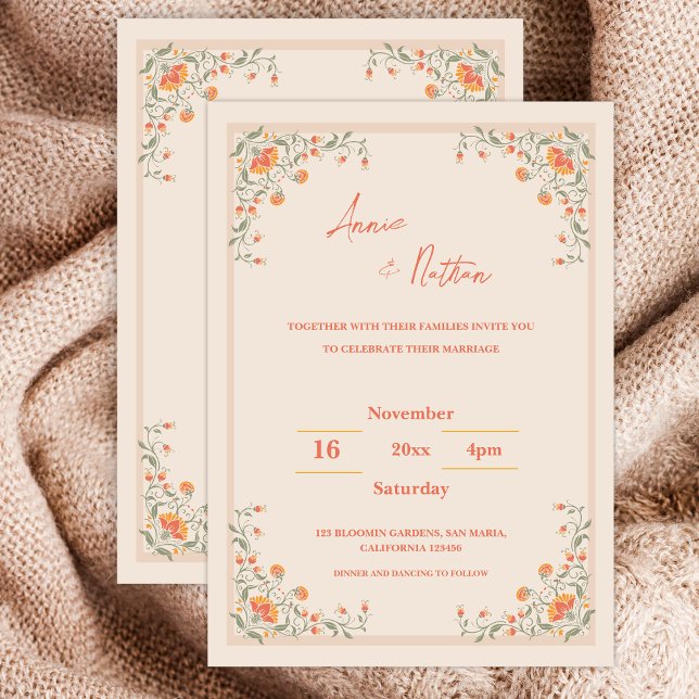 Elégant Faire-part de mariage à cadre Floral Orang (Elegant Orange Floral Frame Wedding Invitation)