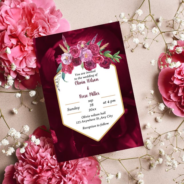 élégant faire-part de mariage à fleurs rose magent (Créateur téléchargé)