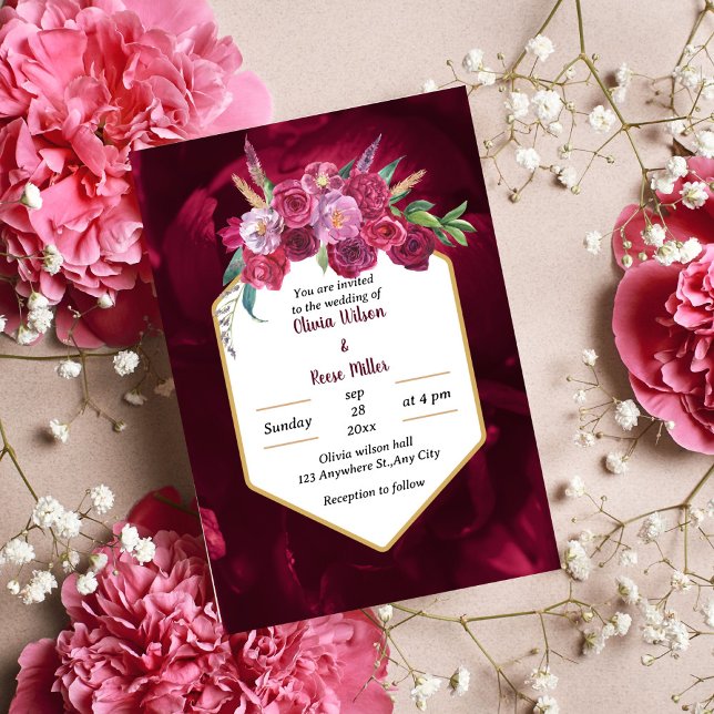élégant faire-part de mariage à fleurs rose magent (Créateur téléchargé)