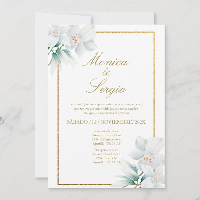 Élégant Faire-part de mariage blanc en espagnol (Devant)